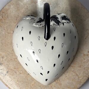 Vintage Strawberry Ceramic Trinket Box Lid White Black Hand Painted Heart Shape